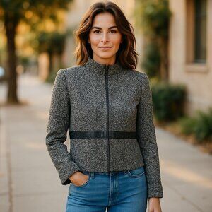 Black Tweed Blazer Women's Large Leather Accent Spenser Jeremy Zip Front Jacket